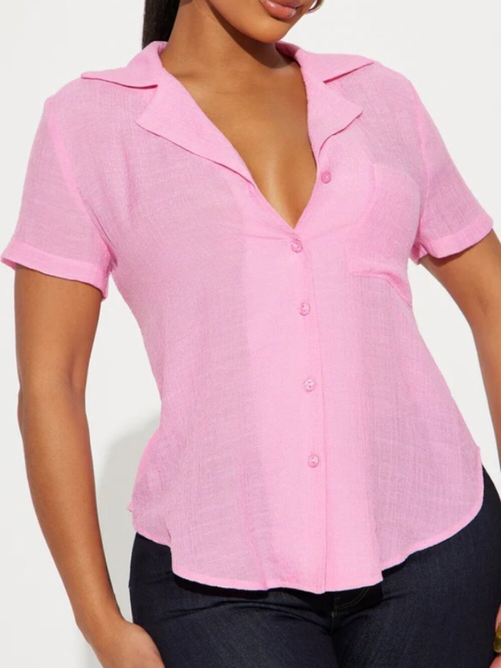 Fashion Nova Sheer Pink Short-Sleeve Button-Up Blouse